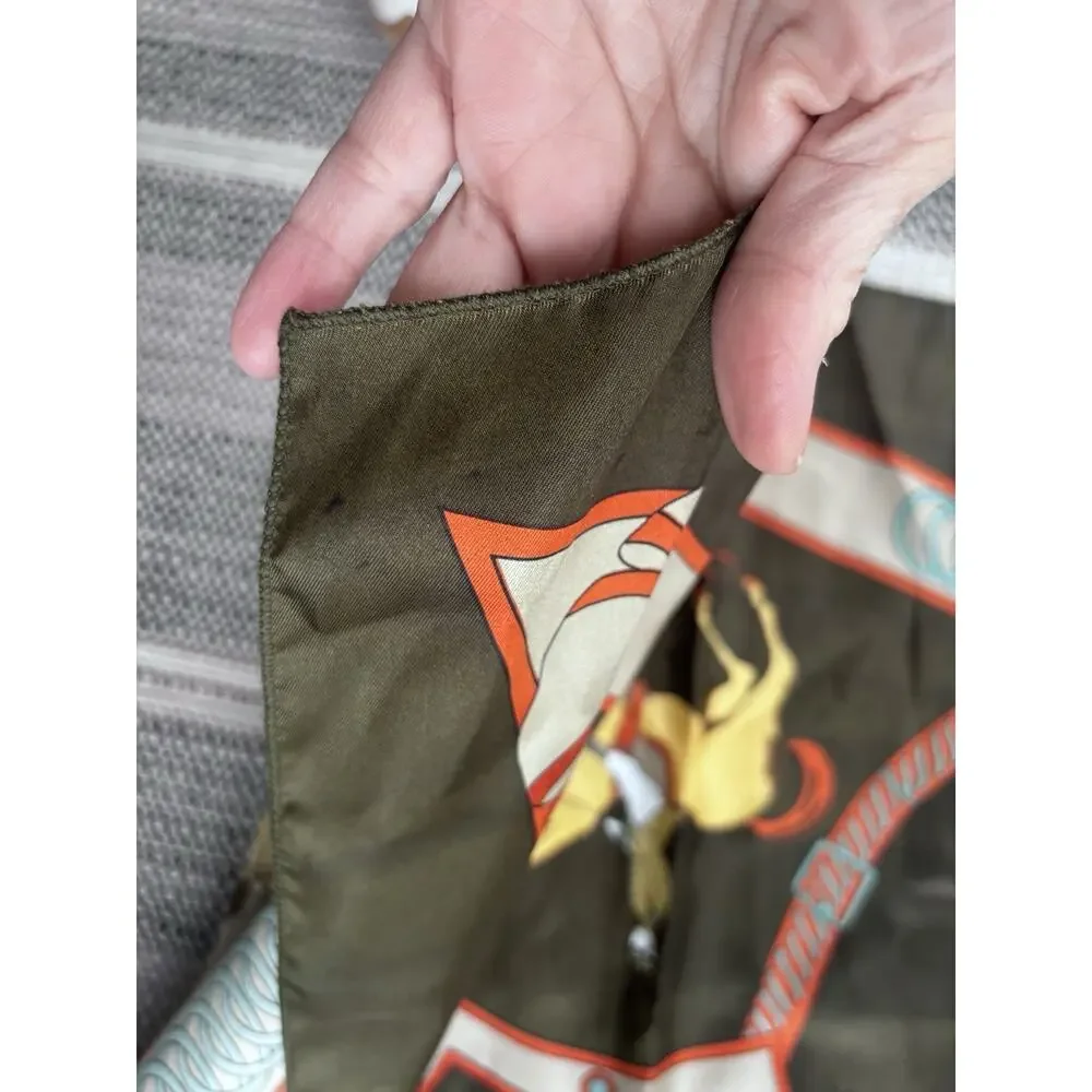 Vintage Equestrian Horse Rider Scarf Olive Green Satin Hermès Style 33” polo